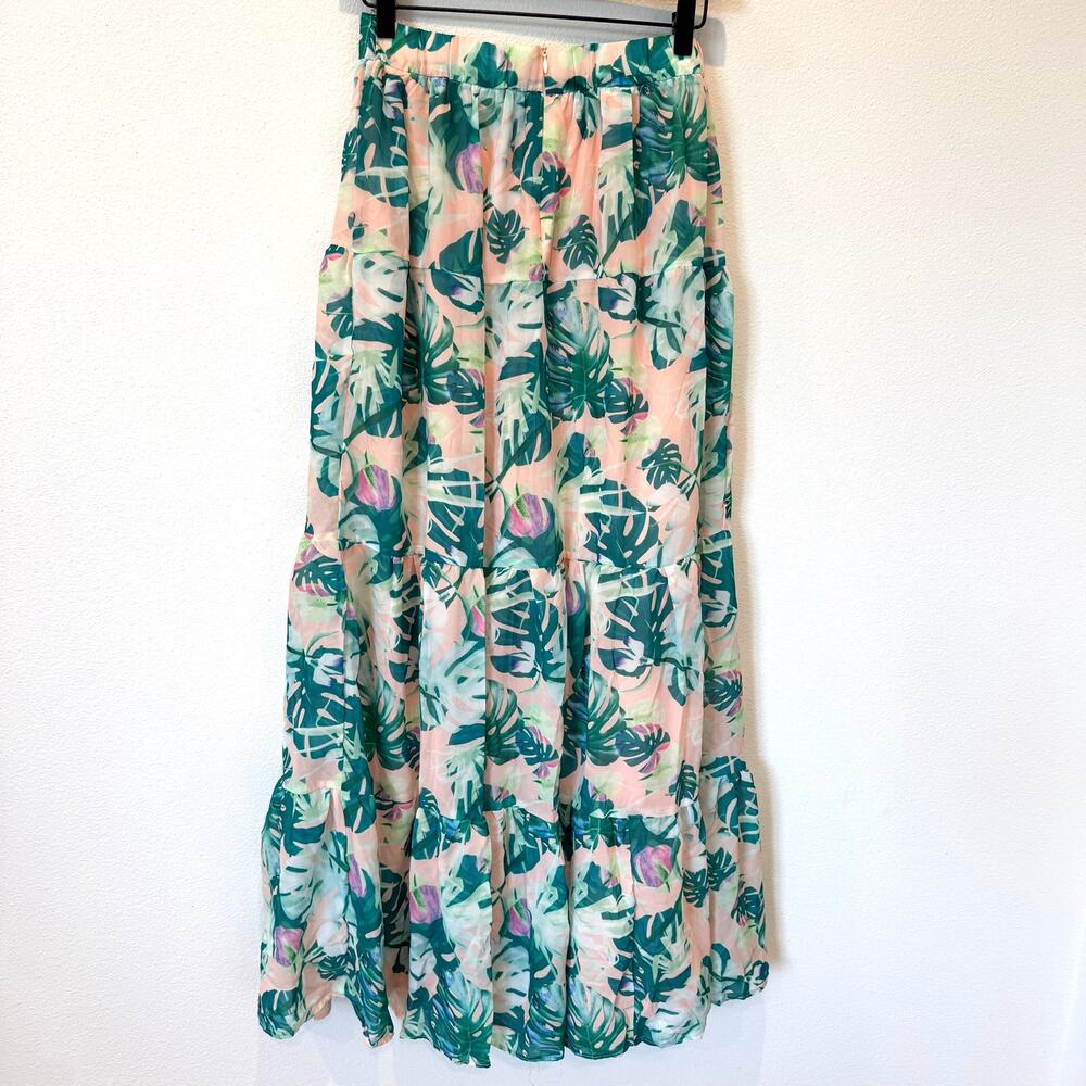 Chicways Peach & Green Tropical Floral Chiffon Flowy Maxi Skirt Medium
